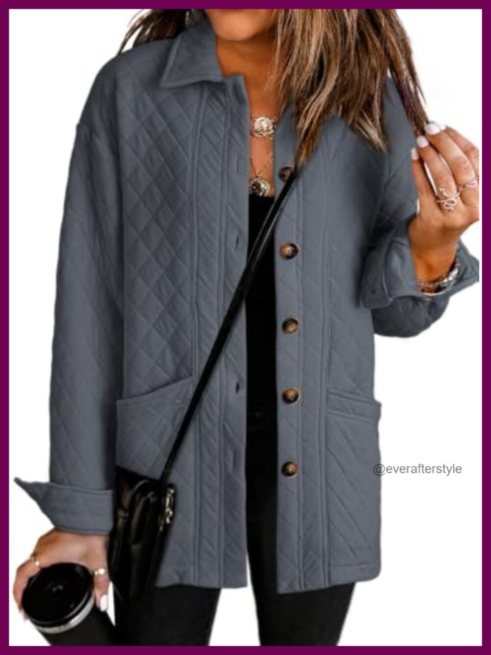 Quilted Button Down Collared Long Sleeve Casual Jacket with Pockets